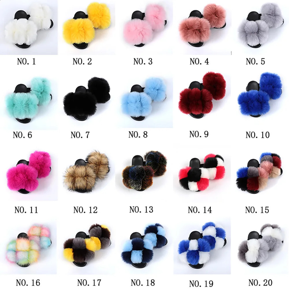 Summer womens fur slider fur Pom fur slider womens cute fur ball flip fluffy faux fur sandals outdoor rainbow shoes 240827