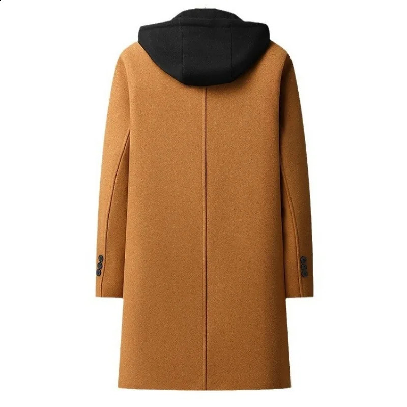 Mens hooded wool blended cashmere long coat trench mens winter business casual jacket size 4XL 240827