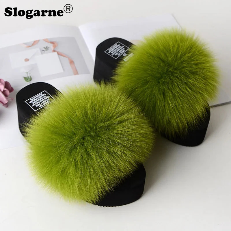 Womens modern fox fur slider womens fashionable outdoor fur slider 5cm thick soled summer platform shoes womens high heels flip cover 240827