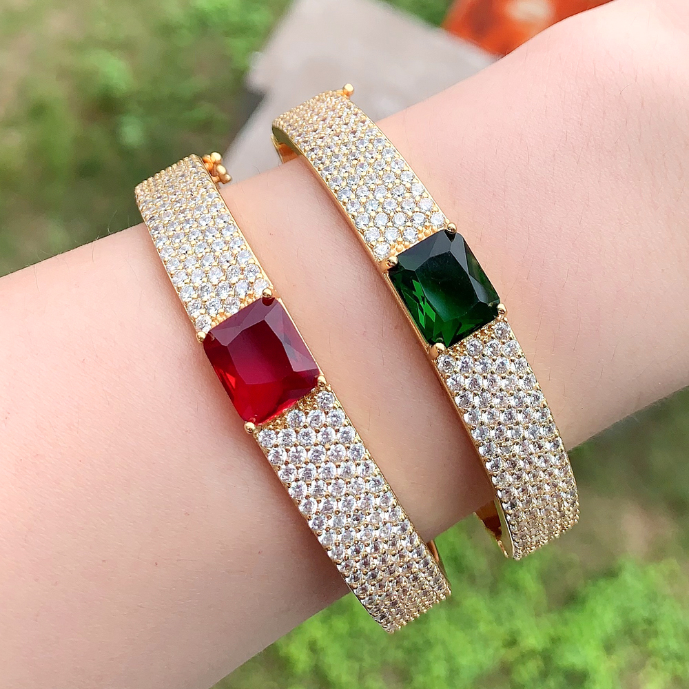 Bg Cz Wide Band for Women Paved Red Green Blue Zircon Gold Color Ice Out Bangle Bracelet Fashion Jewelry