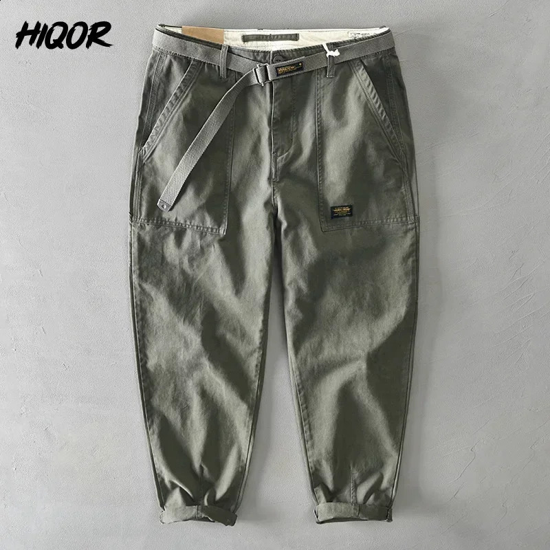 HIQOR brand mens 100 pure cotton casual pants spring fashion metal buckle cargo hiphop Trouser 2838 240827
