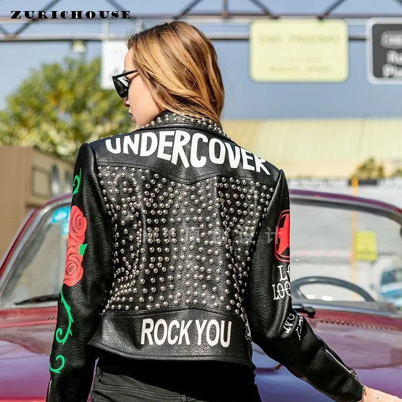 Punk Rivet Black Ultra Thin Motorcycle Leather Jacket for Women Street Clothing Comparison Printed Artificial Leather Cutting Jacket XXXL 240827