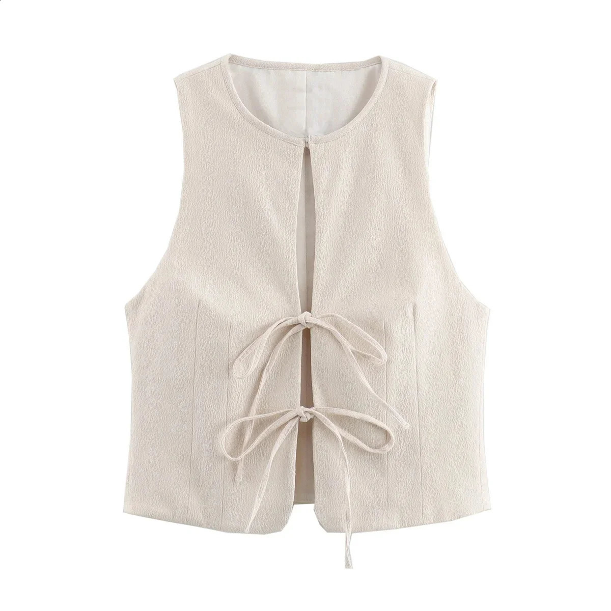 Womens elegant beige cut vest lace O-neck fashionable womens sleeveless tie front casual cardigan top 240828