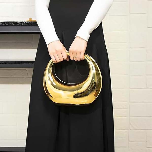 Women Gold Acrylic Crescent Half Moon Bags Personality Handbag Suitcase Makeup Dinner Clutch Round Handle PVC Wrist Bag
