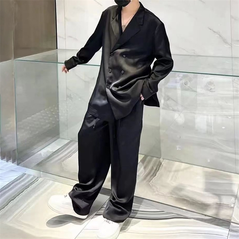 Mens casual suit wide leg pants autumn unisex fashion French solid color elegant two-piece set unisex satin free 240827