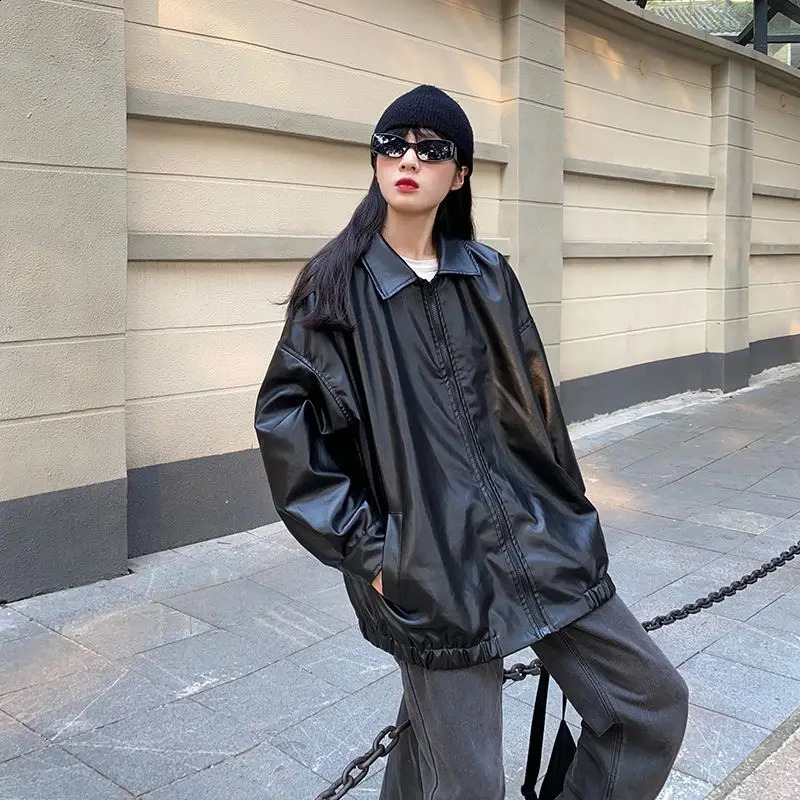 Womens BF style unisex PU fashionable bag fashionable jacket for couples autumn full matching solid retro casual minimalism Ulzzang 240827