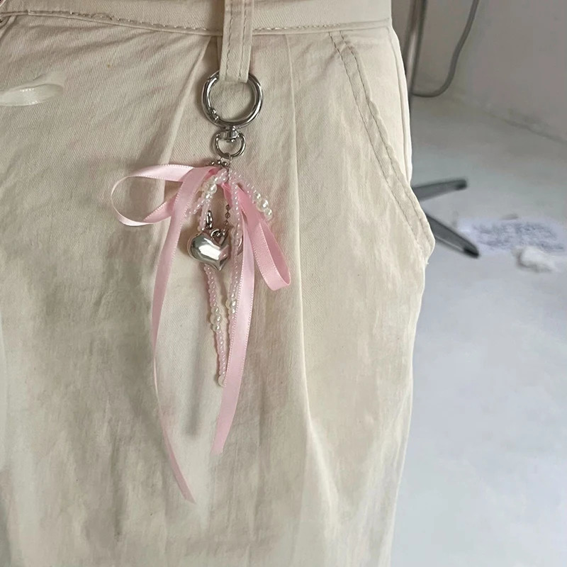 Pearl Bow Key Ring Ribbon Beaded Keychain Korean Style Hanging Accessories Y2k Heart Bag Pendant School 250214