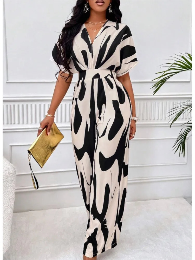 Summer one-piece striped printed short sleeved V-neck womens jumpsuit elegant high waisted wide pants jumpsuit vacation jumpsuit 240827