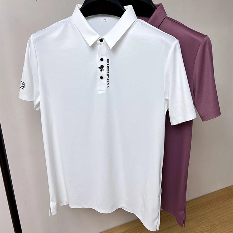 High end printed polo shirt mens short sleeved summer fashion business casual seamless ice silk breathable Tshirt 240828