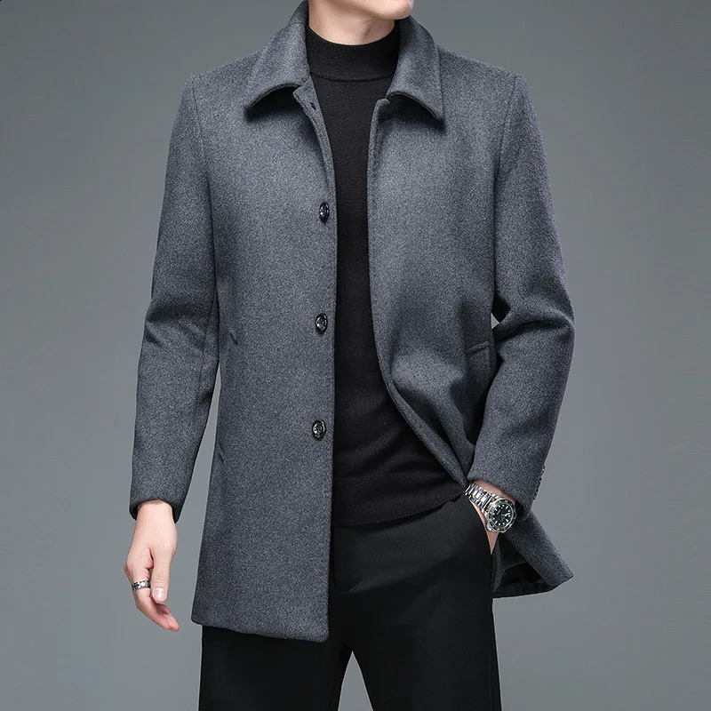 Mens winter warm and casual wool blend trench coat mens autumn fashionable business medium thick slim fit jacket windproof 240827