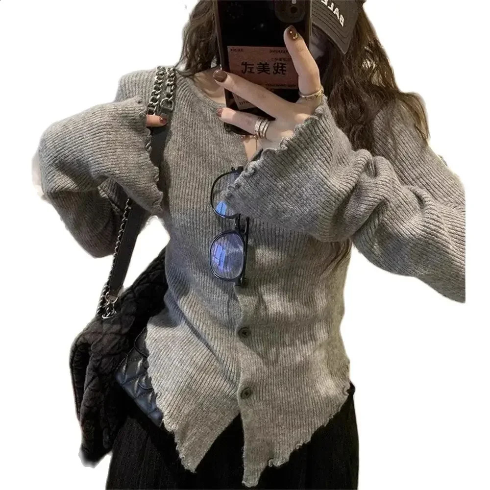 Women Kint Sweater Long Sleeve Cardigan Irregular Korean Fashion Slim Autumn Winter Casual Basic Coats Grey Vintage Cardigans 240819