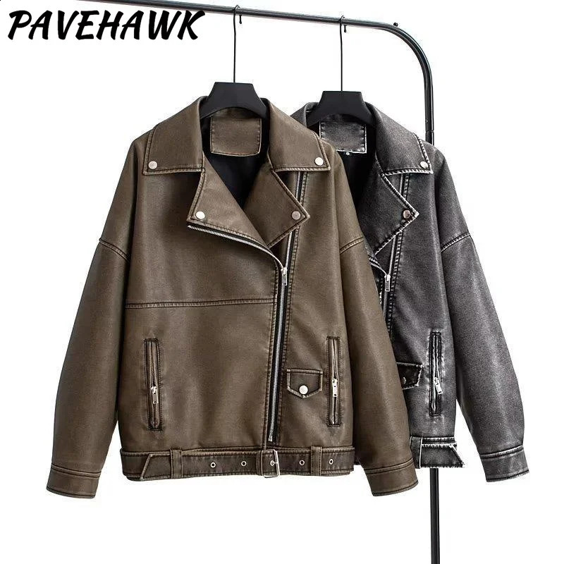 Womens retro Pu leather jacket with lapel zipper loose streetwear motorcycle jacket autumn thick warm casual punk jacket 240827
