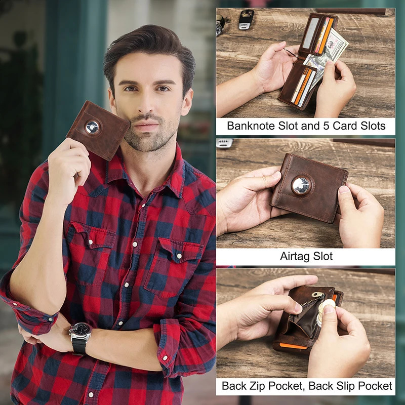 CONTACTS Genuine Leather AirTag Wallets for Men Short Casual Men Wallets Coin Purses RFID Card Holder Money Clip Mens Wallet 240828