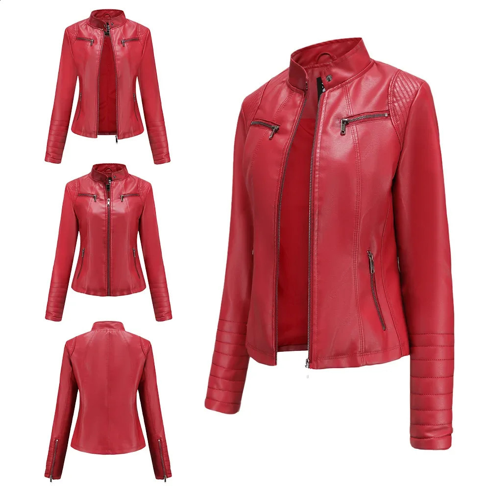 Artificial leather womens coat Pu Coats thin jacket full sleeve stand collar slim fit solid sexy regular jacket zipper casual splicing 240827