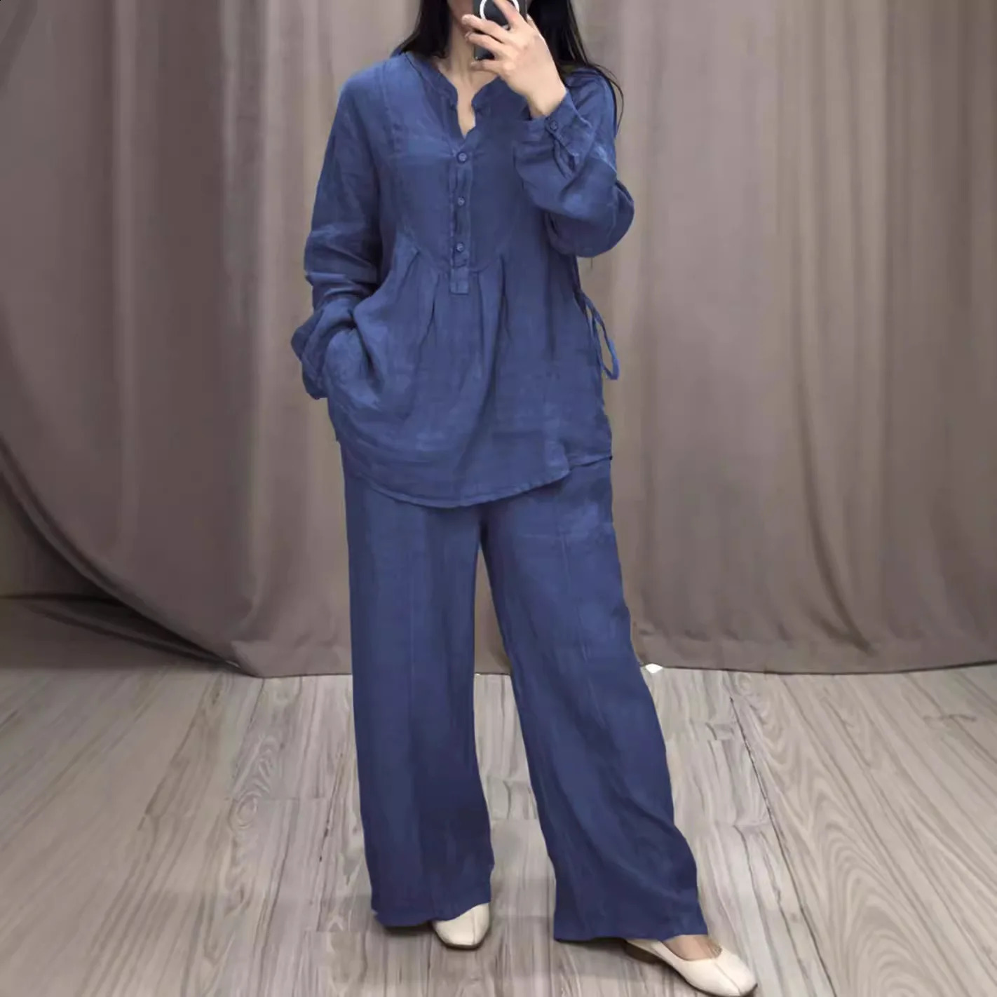 Cotton and linen 2pieceset womens half open collar button long sleeved loose shirt wide leg pants 2piece set mens 240827