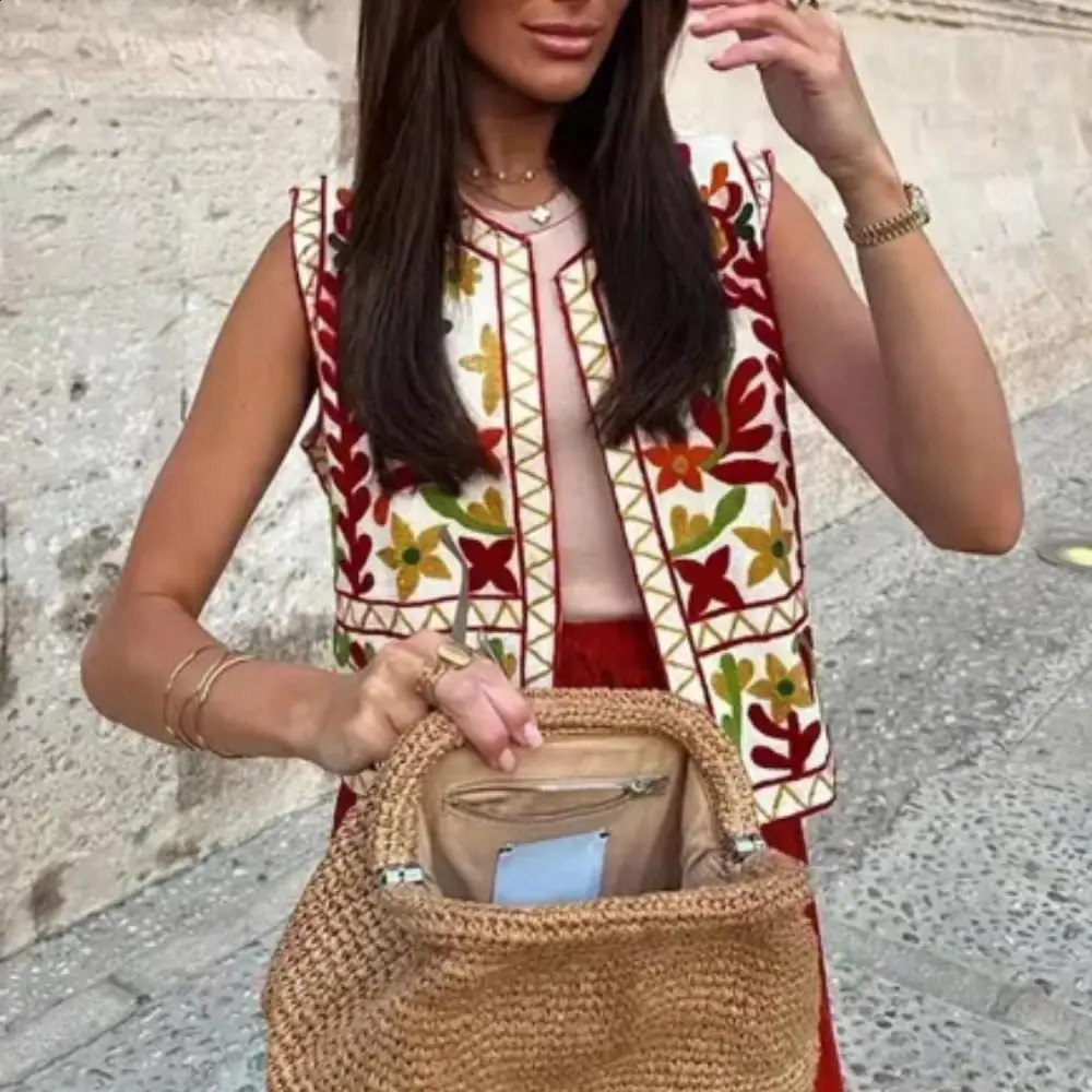 Womens casual embroidered waist jacket fashionable floral print crew collar cardigan printed loose sports vest for going out 240828