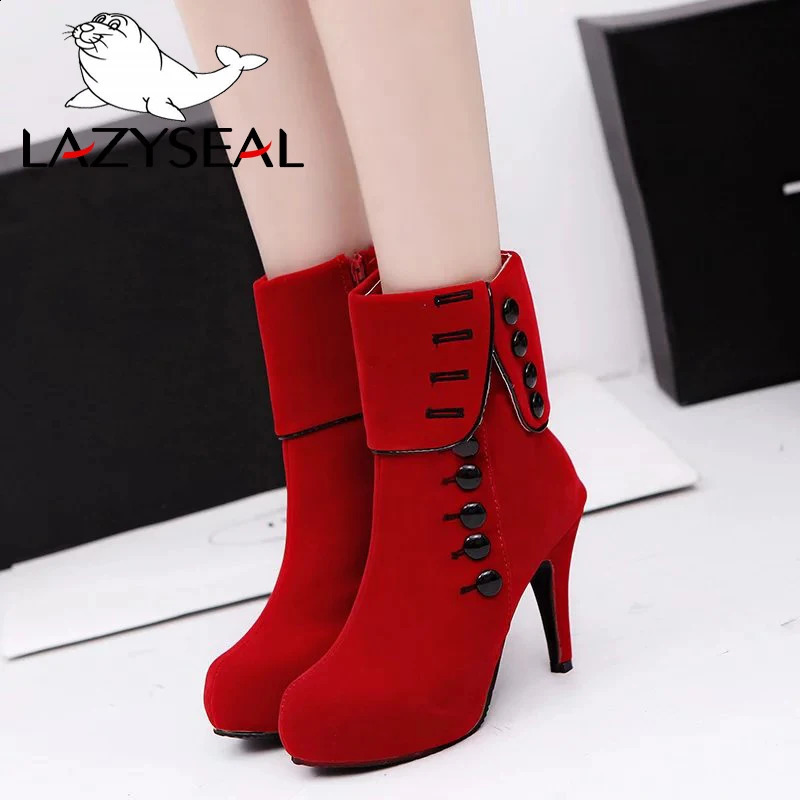 LazySeal platform womens boots high heels fashionable red shoes womens platform buckle winter boots womens shoes 240827