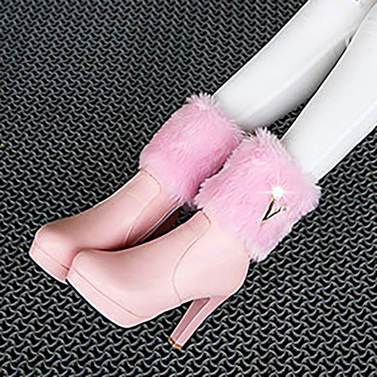 High Heels Fluffy Neck Boots for Womens Winter Rhinestone Foot Boots with Side Zipper Thin Boots Elegant Womens High Heels Shoes 240827