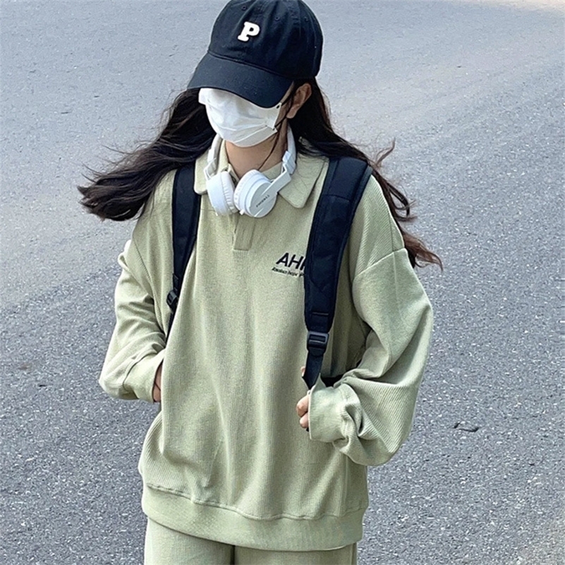 Avocado green retro polo shirt womens hooded sweatshirt oversized waffle sweater Korean autumn Y2K Harajuku long sleeved T-shirt for teenagers 240827