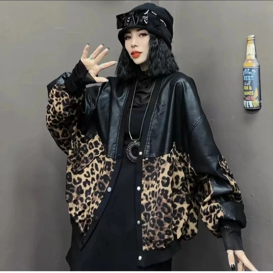 Autumn Leopard Pattern Splicing Leather Jacket Womens Warm Open PU Leather Jacket Long Sleeve Loose Top Womens Coat 240827