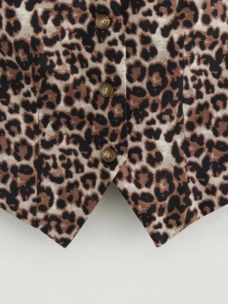 KAOPU ZA womens leopard print vest retro V-neck sleeveless button up womens vest chic top 240828