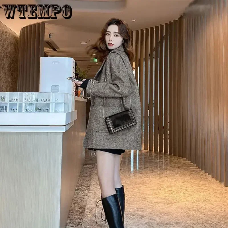 WTEMPO Womens Wool Jacket British Style Loose Notched Collar Coat Autumn Casual Double Button Coarse Floral Navy Blue Top 240828