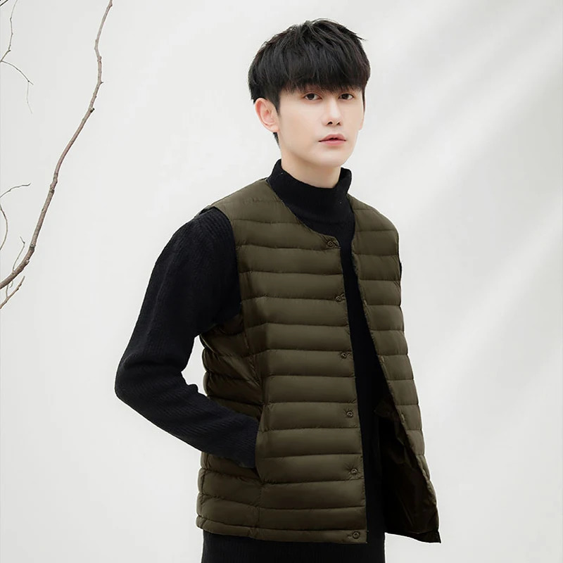 Mens sleeveless Vneck vest for winter warmth 90% duck down lining jacket mens Oneck 240827