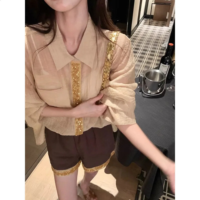 summer polo collar loose casual long sleeved womens set with contrasting patch work shorts two-piece set 240827