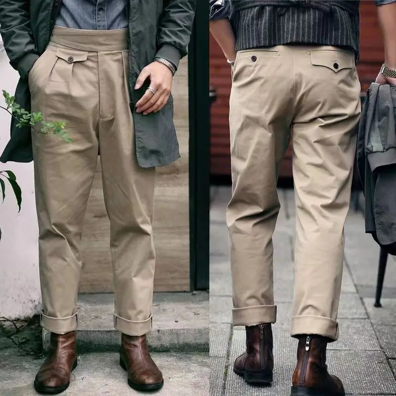 Oldyanup Mens Gurkha Pants Cotton Safari Style Adjustable Waist Buckle Naples Trouser Retro Casual Loose Ankle Pants 240828