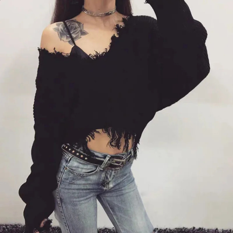 Distressed Women Sweater Autumn Winter Baggy Pullovers Off Shoulder Cropped Sweatshirt Bottom Tassel Fashion Plain Color Sweater 240828