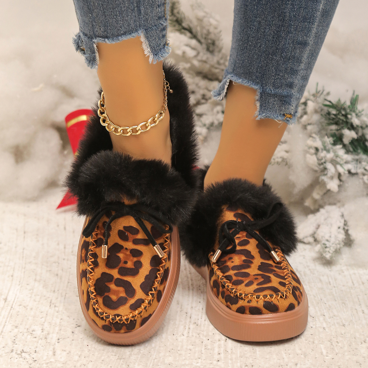 Fashion Cozy Women's Snow Boots leopard print with Plush Lining and Bow Detail Colorful