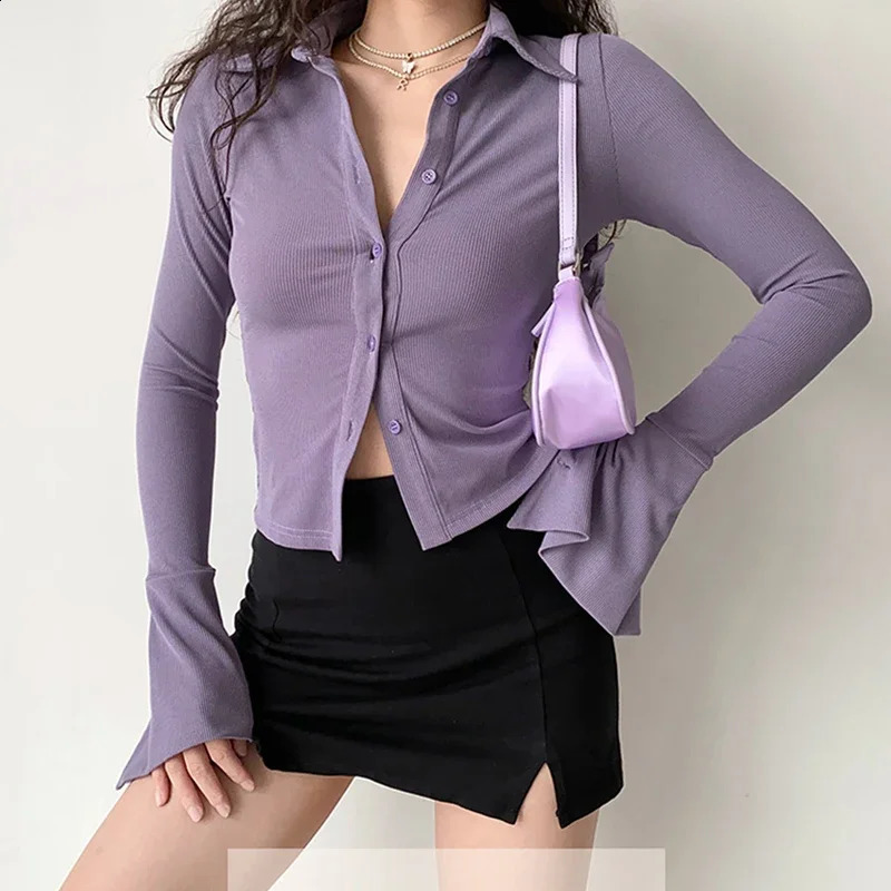 Purple polo collar long sleeved shirt womens retro elegant Y2k button spring autumn top cardigan 240827