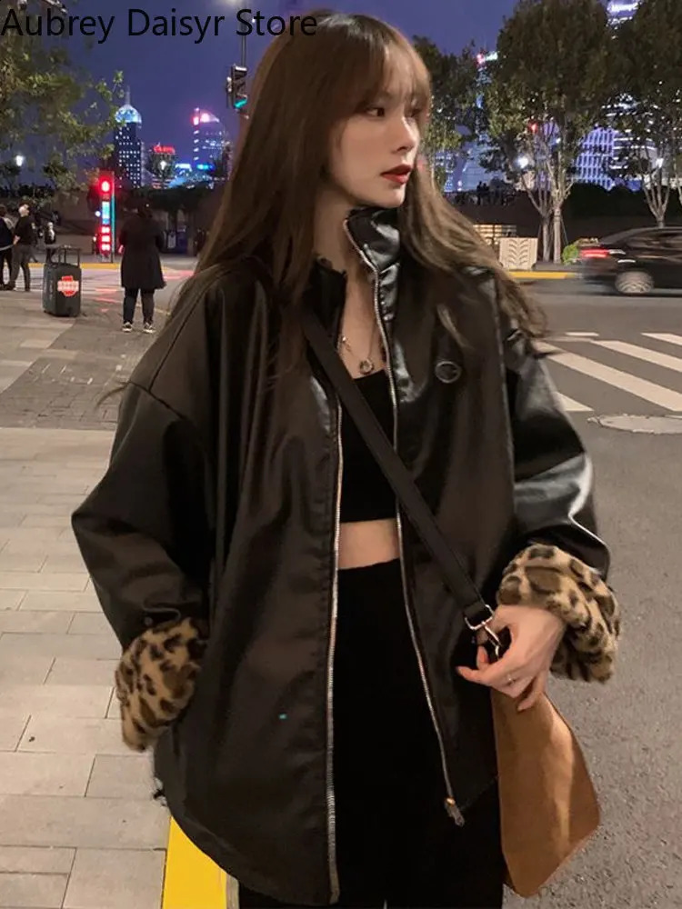 Winter warm leather jacket for women thick leopard print synthetic sheepskin coat Harajuku cedar lined reversible womens coat 240827