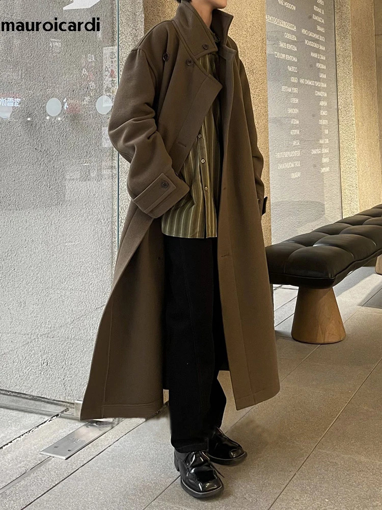 Mauroicardi autumn and winter extra long warm brown wool blend coat mens y ner unisex 240827
