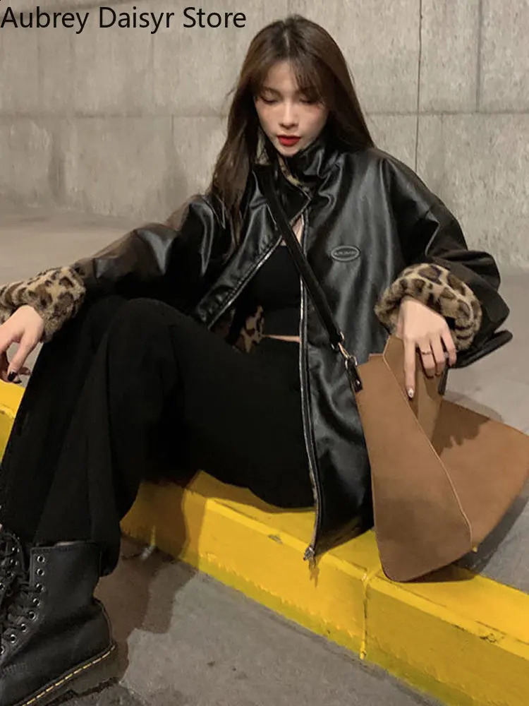 Winter warm leather jacket for women thick leopard print synthetic sheepskin coat Harajuku cedar lined reversible womens coat 240827