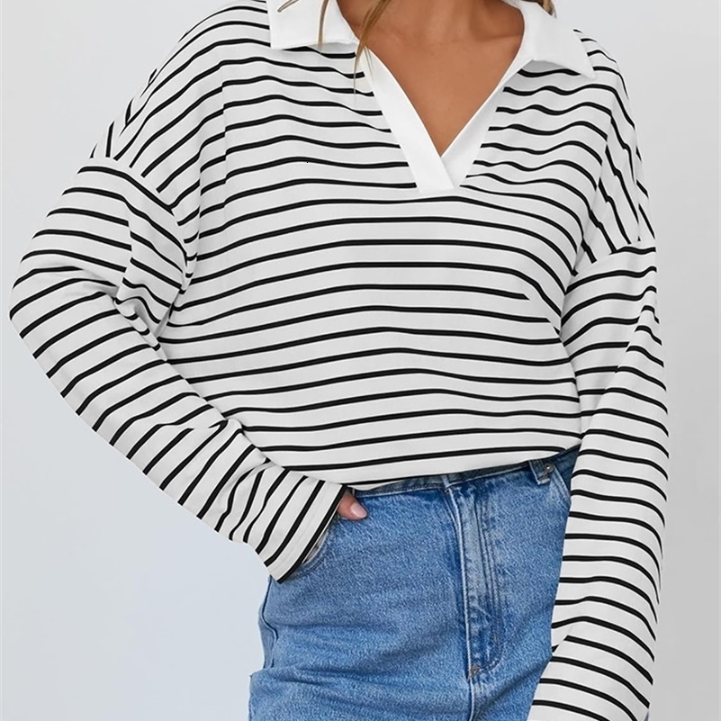 Autumn oversized polo striped womens sportswear casual loose long sleeved T-shirt striped floral womens bag style sportswear 240827
