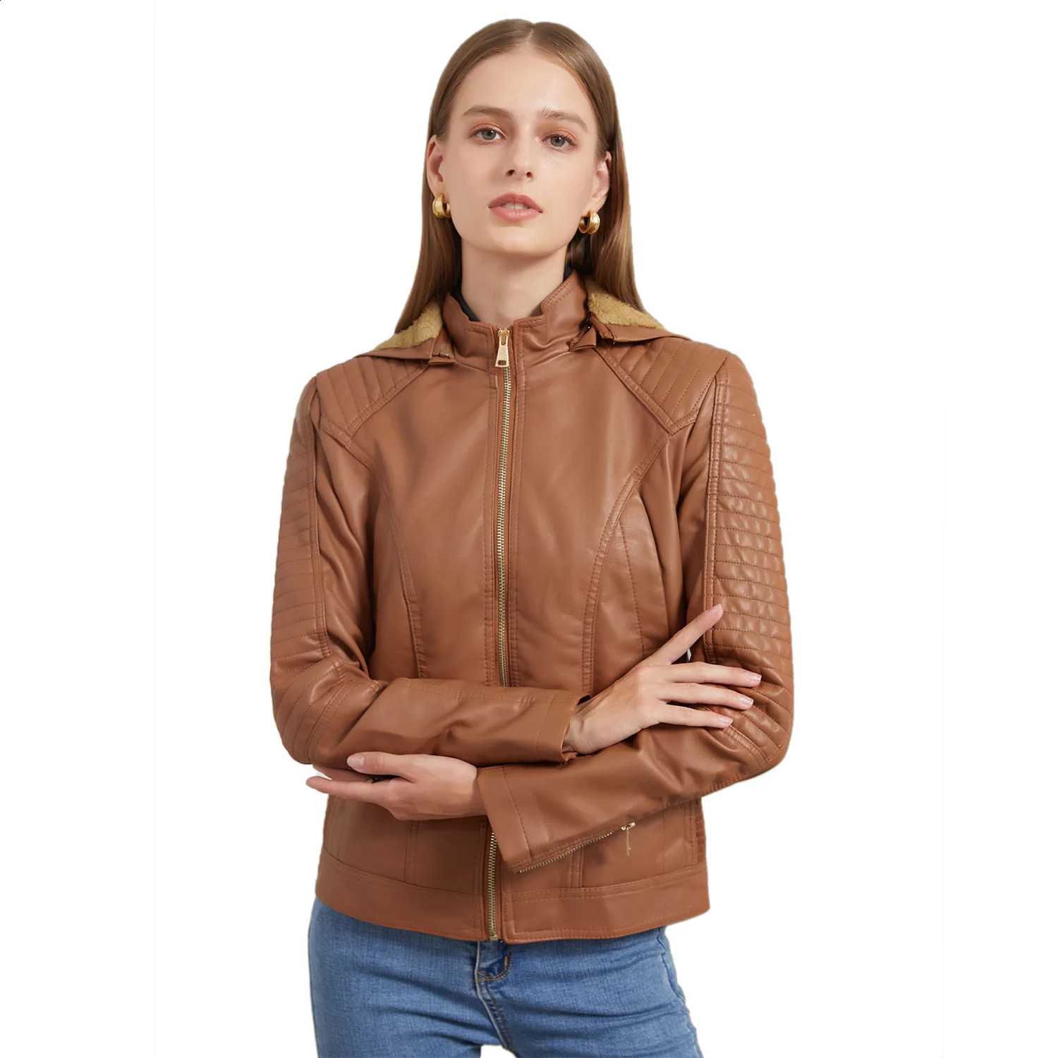 Leather jacket womens wool hooded warm street style comfortable jacket autumn and winter casual fashion slim fit jacket 240827