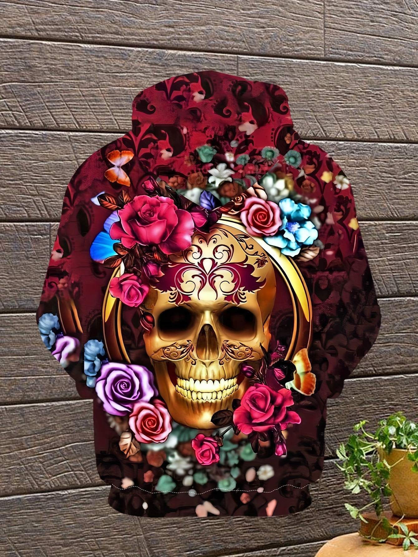 Halloween Men's 3D Digital Retro Style Golden Skull And Rose Print Hooded Sweatshirt With Kangaroo Pocket, Sports Fashion Hoodie For Spring And F