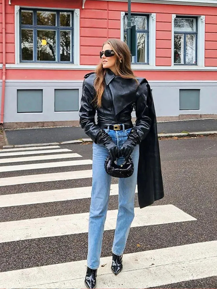 Pu leather open top jacket womens retro cape shawl collar jacket zipper womens spring fashion ultra-thin cool street clothing womens top 240827