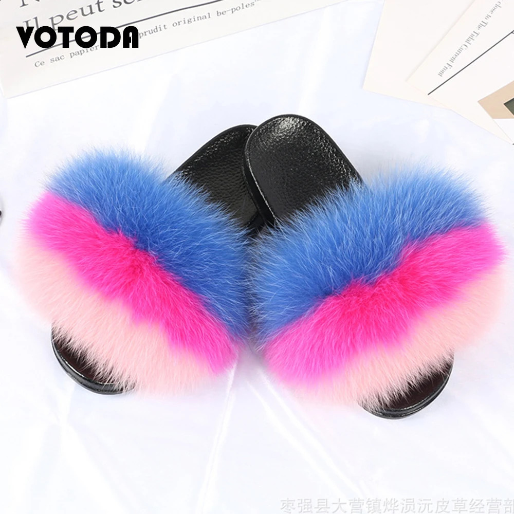 Fur slider womens real fox fur slider indoor flat flip casual Raccon fur sandals plush shoes cute fluffy shoes 240827