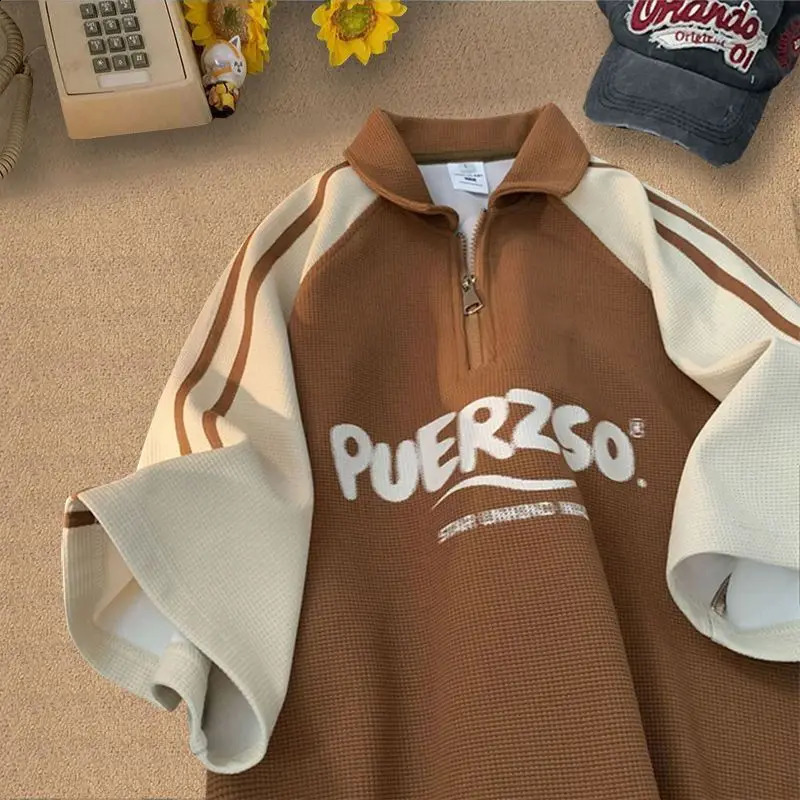 Japanese waffle biscuit half zip lapel short sleeved Tshirt suitable for men and women Versatile polo shirt summer student round neck y2k ins 240828