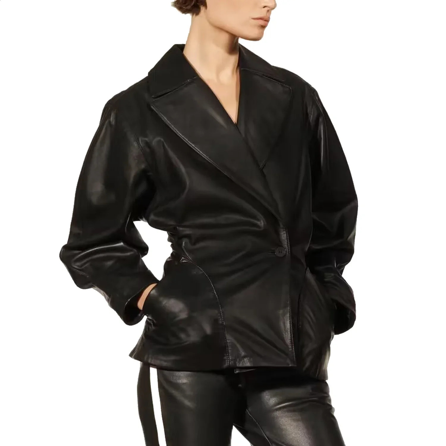 PB ZAWomen leather belt sports jacket with side pocket one button top 240827