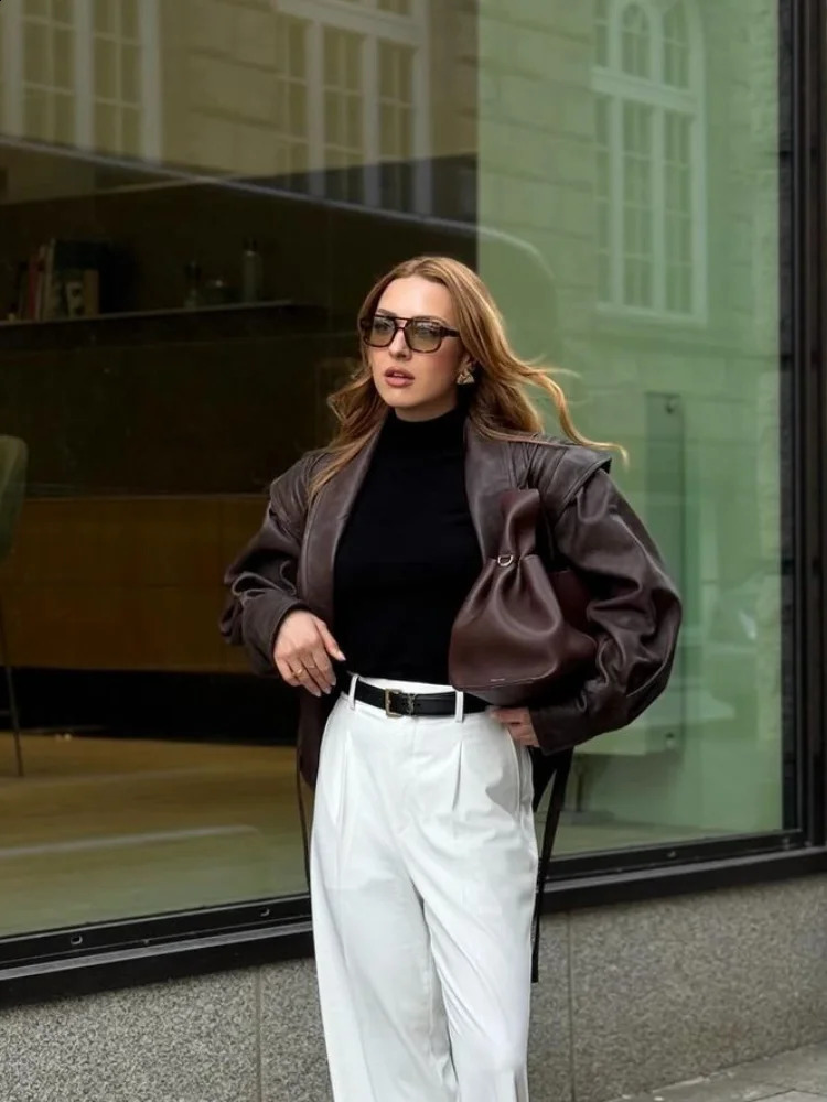 Fashion Solid Pu Leather Womens Motorcycle Jacket Fashion Collar Long Sleeve Ultra Thin Short Coat with Autumn Womens Street Top 240828