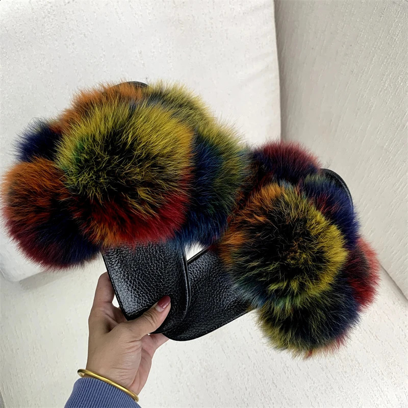 Fur slider factory supplies mixed color Pom six ball fox fur multi-color fluffy fur slider 240827