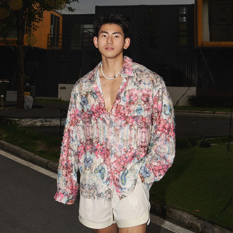 FEWQ Summer Casual Men Shirt Niche Printed Contrast Color Long Sleeve 2204 Korea Fashion Male Tops Loose 24E1923