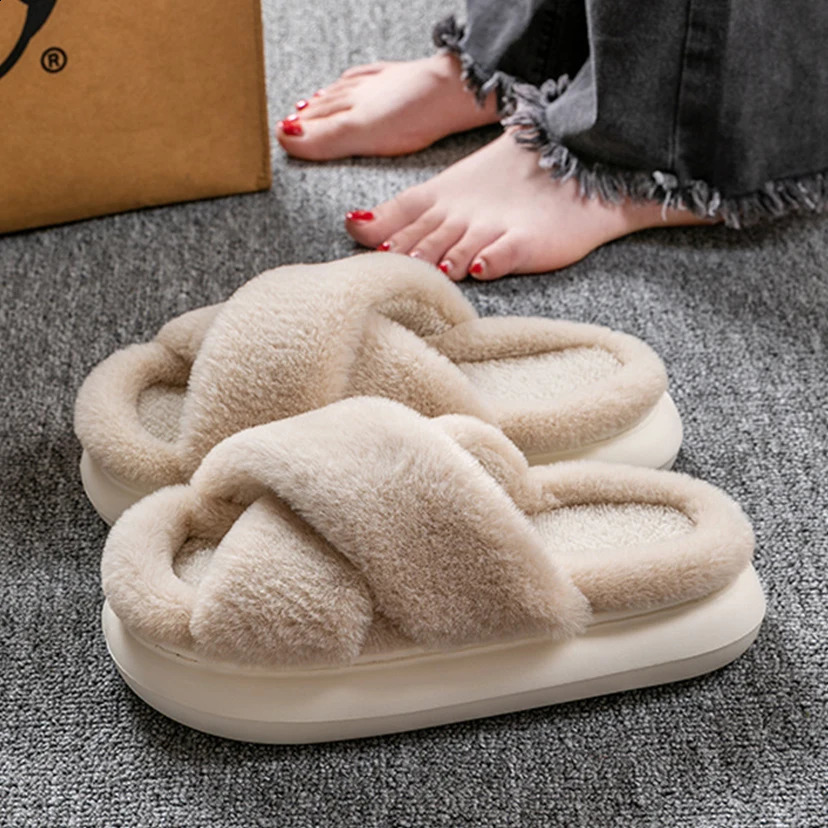 Fluffy Fur Home Slippers Womens Winter Anti slip Indoor Floor Shoes Thick Bottom Home Cotton Fur Slippers Flip Cover 240827