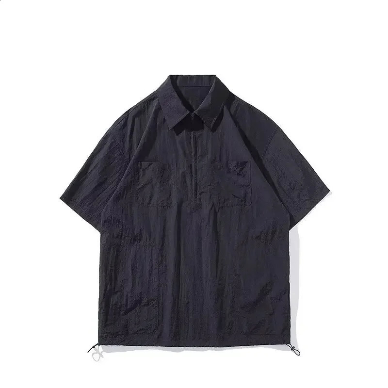 Fashionable half zip mens casual polo shirt suitable for Japanese style workwear loose fit in summer sleeve large size 240828
