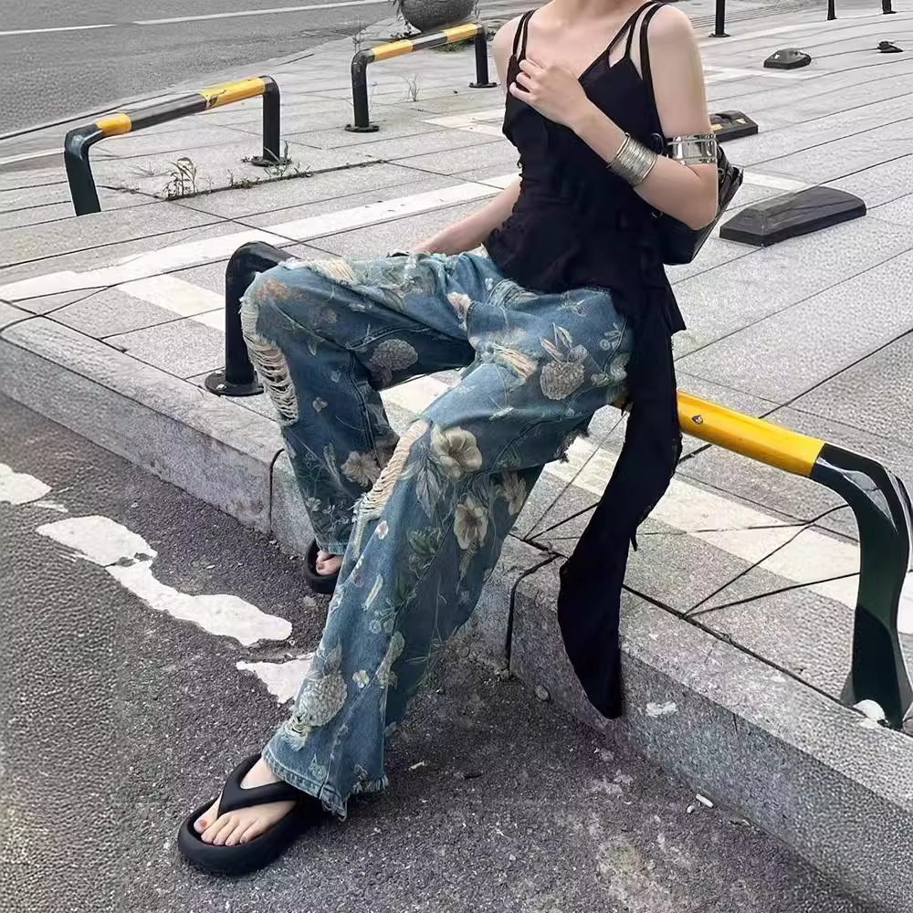 American Vintage Floral Graffiti Print Distressed Jeans for Women Summer Design High Waist Loose Straight Leg Wide Leg Floor-Length Pants