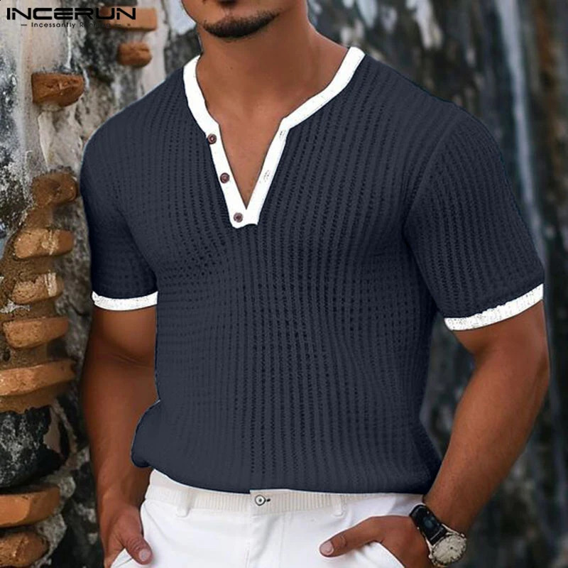 INCERUN Men T Shirt Patchwork V Neck Short Sleeve Summer Fitness Fashion Men Clothing Streetwear 2024 Casual Camsietas S-3XL 240828