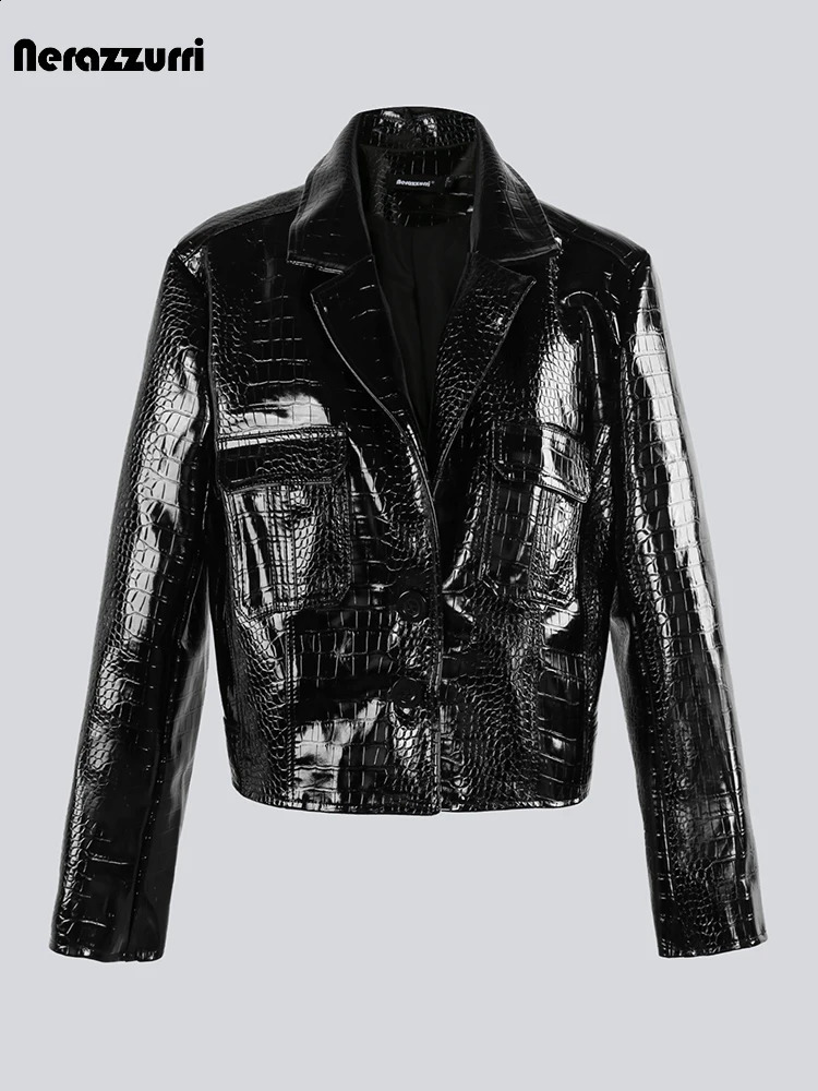 Sapphire autumn short sleeved cool green hard shiny print patent Pu leather jacket womens long sleeved Y2K clothing 240827